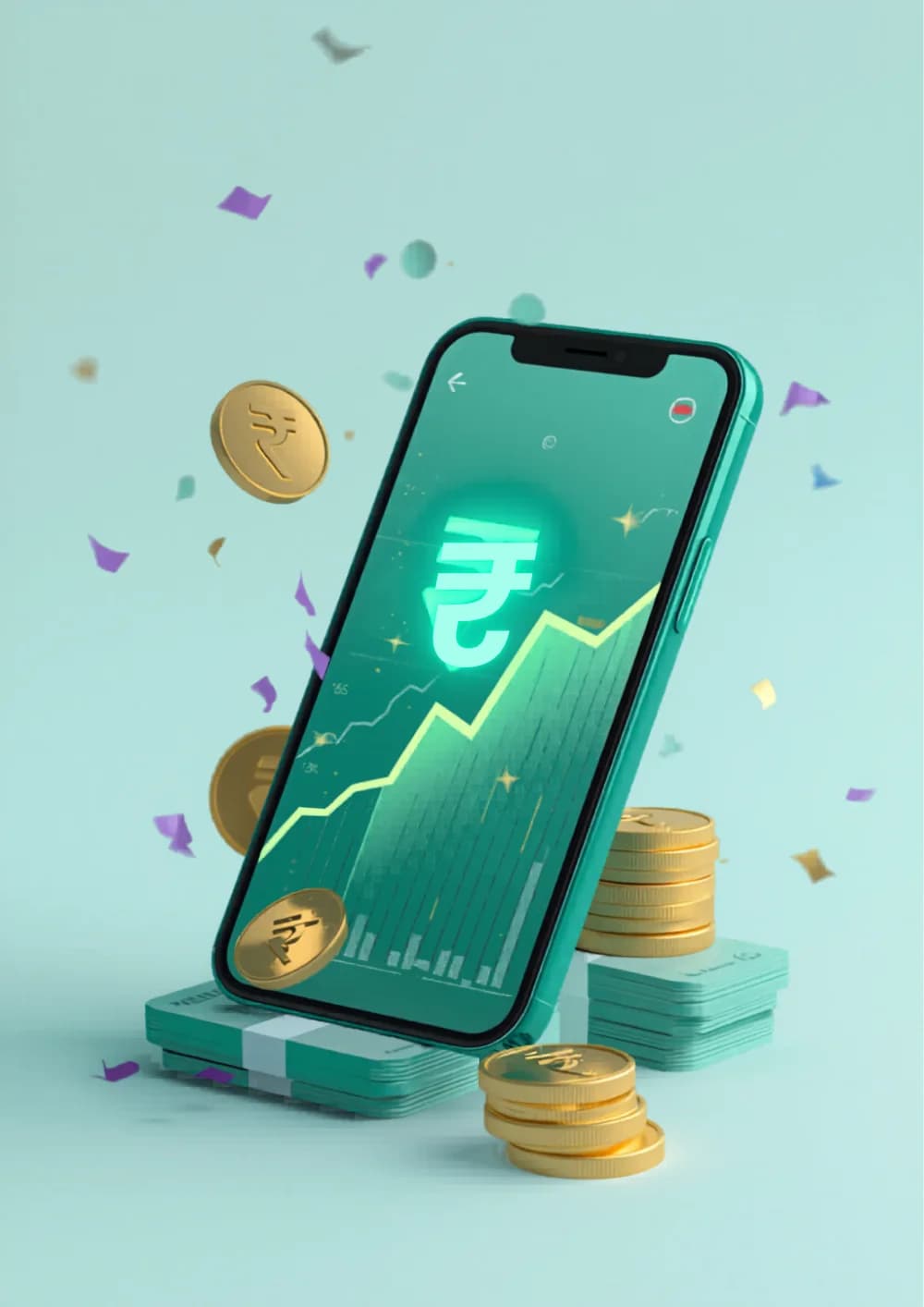 3D illustration of a phone showing trading profit with gold coins