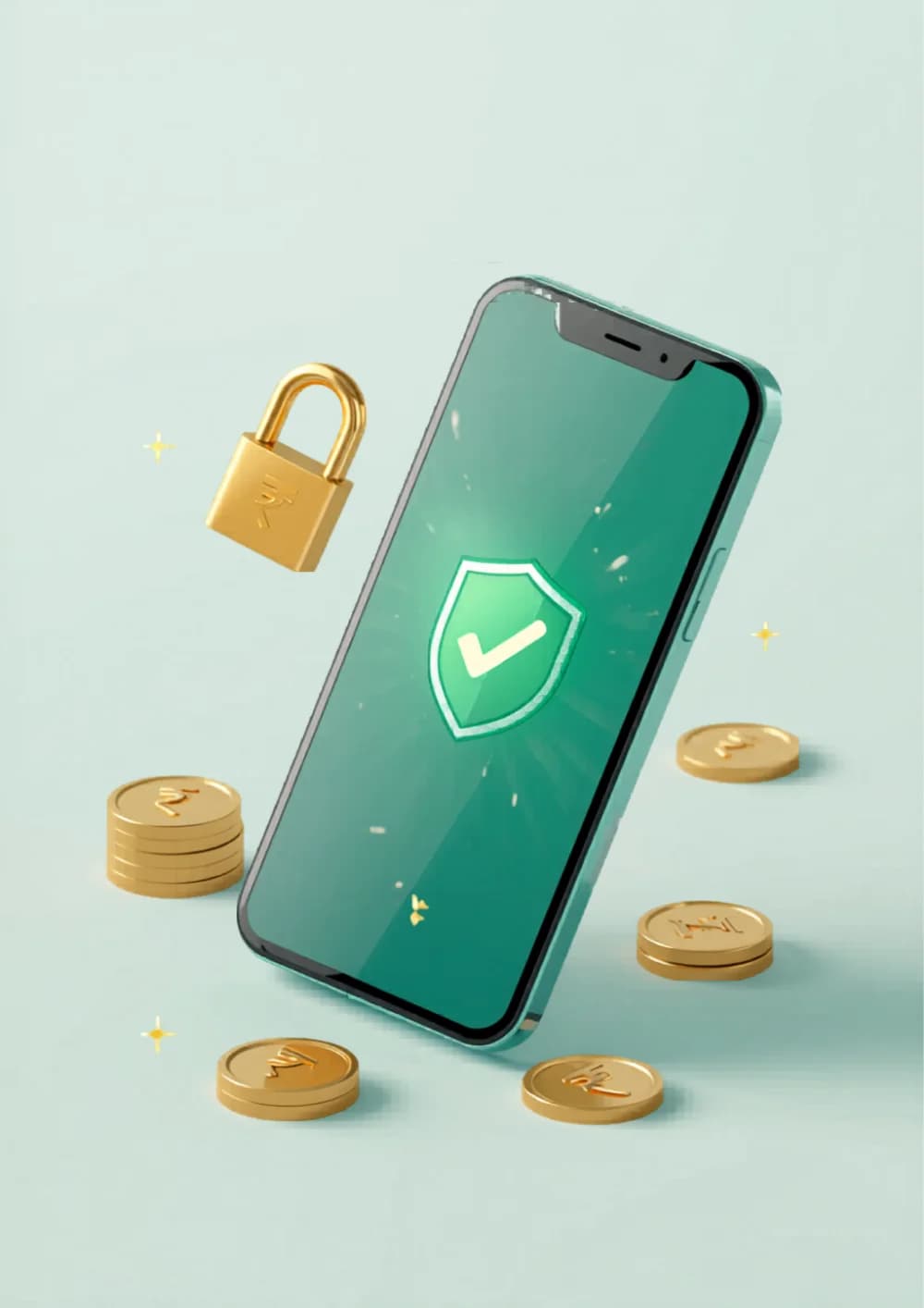 3D illustration of a phone with a security shield, padlock and coins